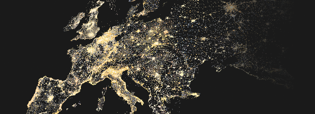 Um mapa da Europa com as principais áreas iluminadas